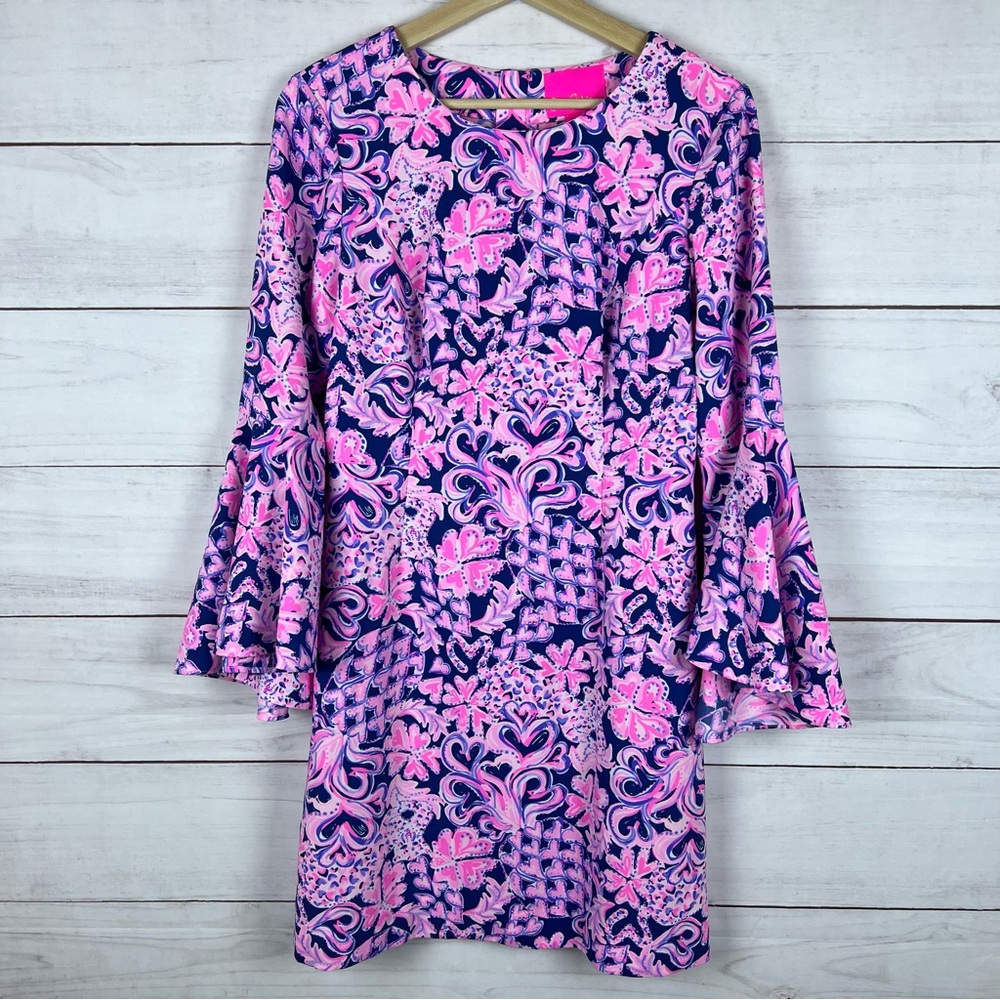 Lilly Pulitzer Kayla Dress Size 4 Indigo Love You Bunches Blue Pink Hearts